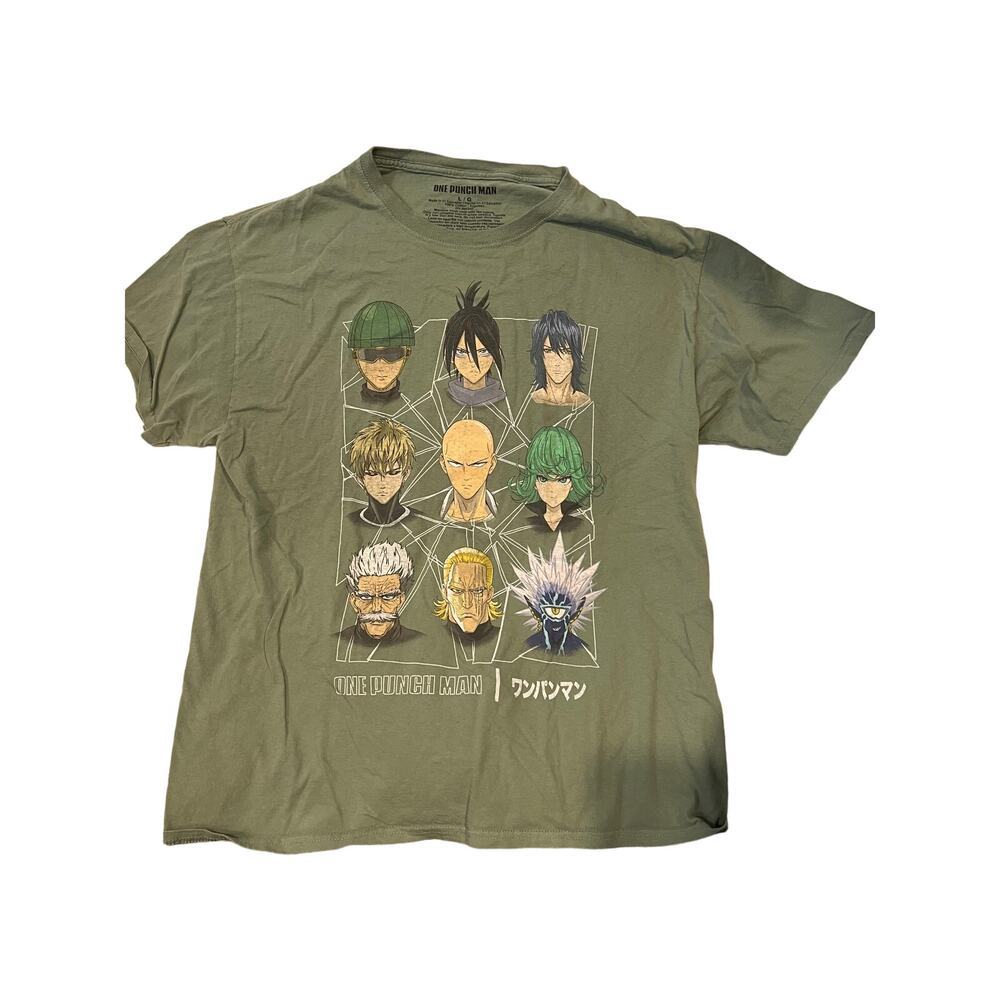 One Punch Man Faces Green TShirt Mens L